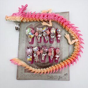 Luxury Dragon Ring Press-On Nails | Rhinestone 3D Flower | Long Coffin